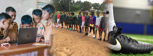 Reboot2Kids banner showing students with laptop and football boots in Papua New Guinea and Sierra Leone 